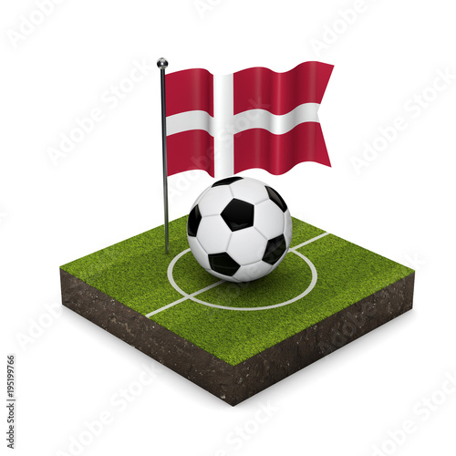 Denmark flag football concept. Flag  ball and soccer pitch isometric icon. 3D Rendering