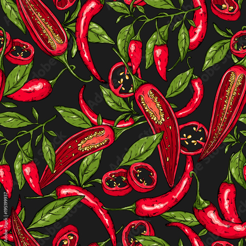 Seamless hand drawn pattern with mexican hot pepper chili, slices, halves, crushed pieces and branch. Natural background for textiles, banner, wrapping paper and other and designs. Vector illustration