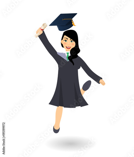 Diploma graduating jumping student girl.