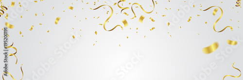 Gold balloons, confetti and streamers on white background. Vector illustration. photo