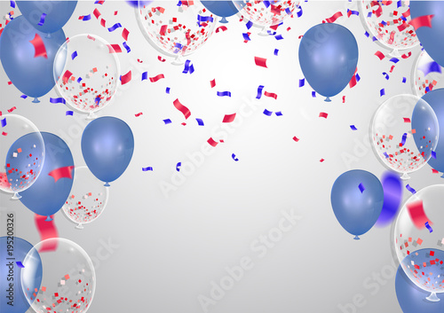 Celebration happy birthday party banner with balloons and serpentine background with confetti party banner