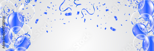 Celebration happy birthday party banner with balloons and serpentine background with confetti party banner