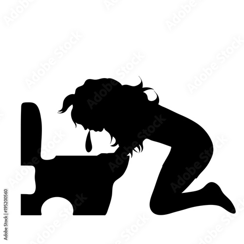 Vector silhouette of woman who vomit to toilet on white backgtround.