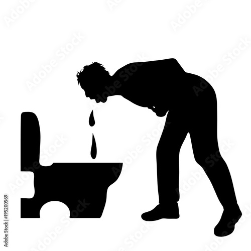 Vector silhouette of man who vomit to toilet on white backgtround.