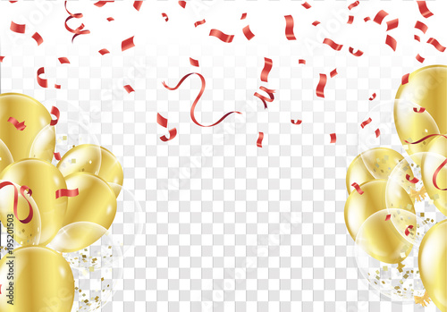 Festive background with gold balloons and confetti