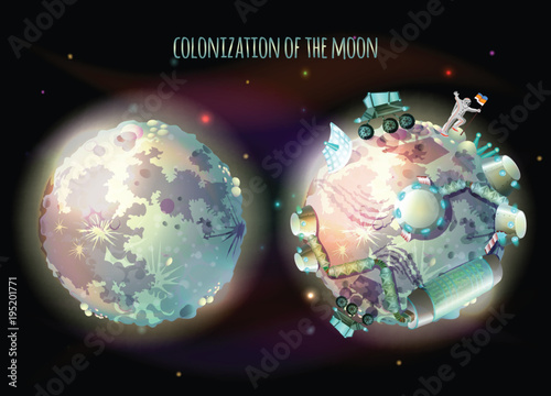 Colonization, exploration and terraforming of Moon, earth satellite, vector concept illustration. Futuristic landscape with two planets, one lifeless, another with astronaut and space base for humans