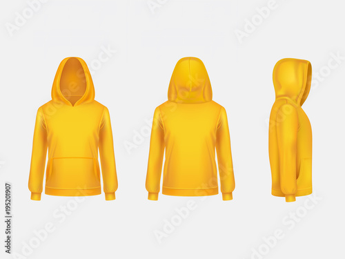 Vector yellow hoodie sweatshirt 3d realistic mockup template on white background. Fashion long sleeve, clothing hooded pullover front, back, side view. Unisex, women, men hoody, sportswear, outfit.
