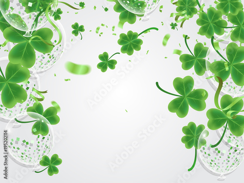 Celebration Happy St. Patrick's day lettering on sparkling dark green clover shamrock leaves background. Abstract Irish holiday backdrop or poster. Balloon Vector illustration