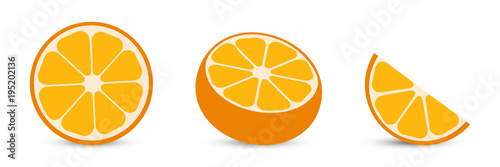 Oranges with orange slice and half orange. Citrus photo
