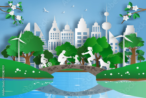 Paper art style of family enjoy fresh air in the park with baby to make first steps on grass, eco green city, flat-style vector illustration.