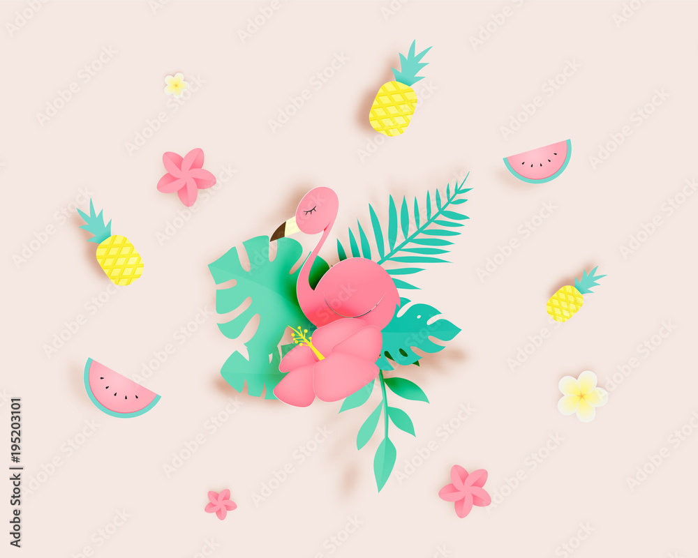 Tropical floral with flamingo in paper art style and pastel color scheme