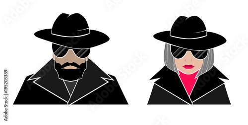 Hidden avatar anonymous-man and woman in black, glasses, hats, Cape with raised collar