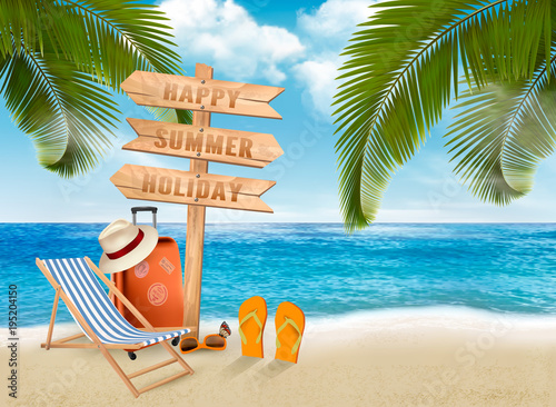 Seaside vacation vector. Travel items on the beach.