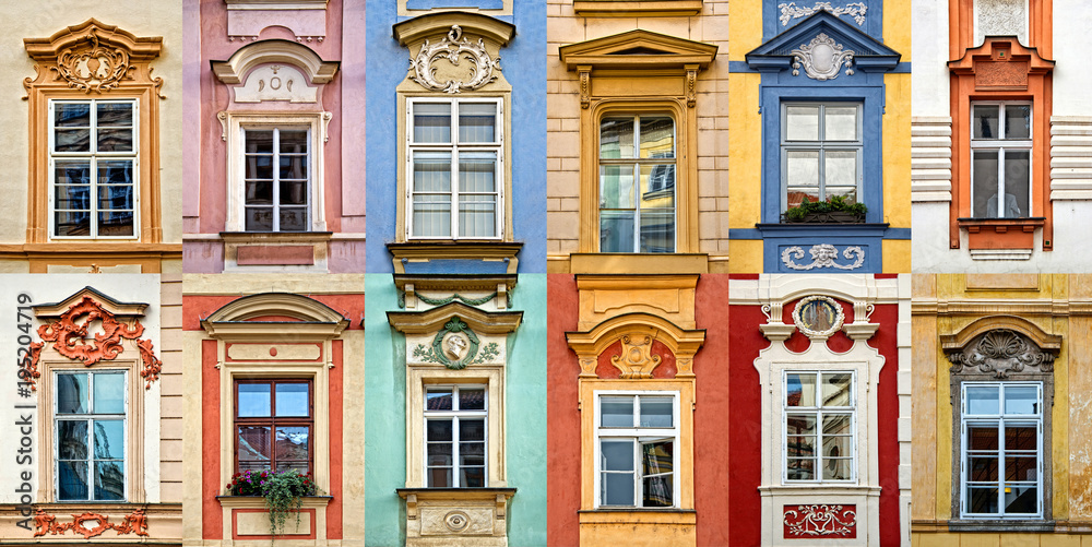 Fototapeta premium Kolaż kolorowych okien z frontonem w Pradze, Republika Czeska