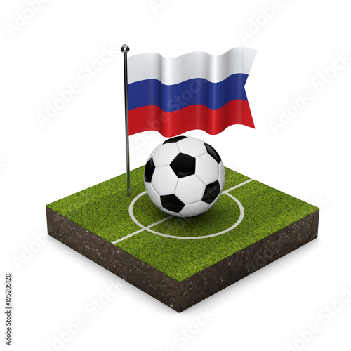 Russia flag football concept. Flag  ball and soccer pitch isometric icon. 3D Rendering