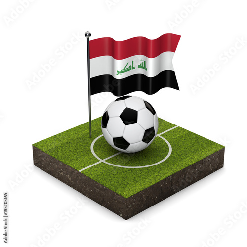 Iraq flag football concept. Flag  ball and soccer pitch isometric icon. 3D Rendering