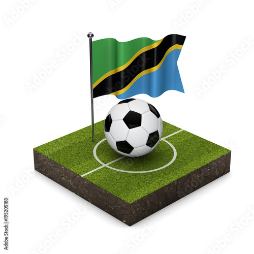 Tanzania flag football concept. Flag  ball and soccer pitch isometric icon. 3D Rendering
