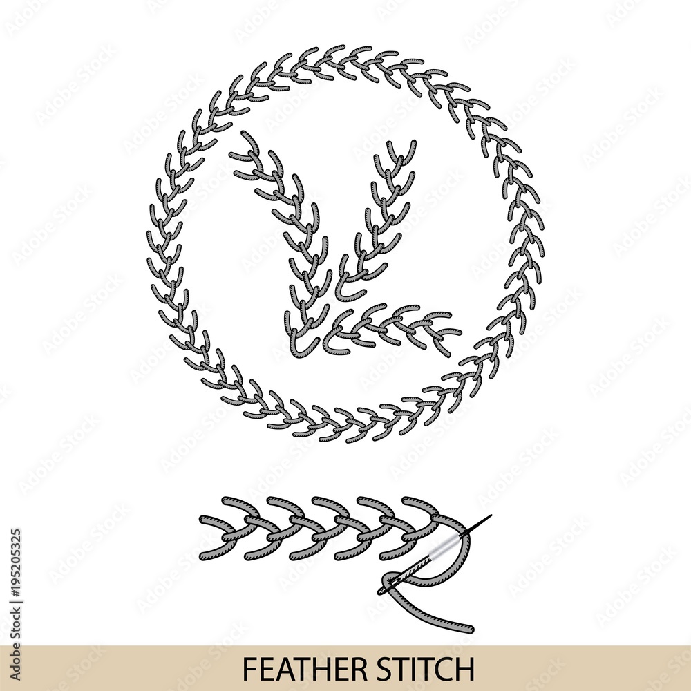 Obraz premium Stitches FEATHER stich type vector. Collection of thread hand embroidery and sewing stitches. Vector illsutration of stitching examples.