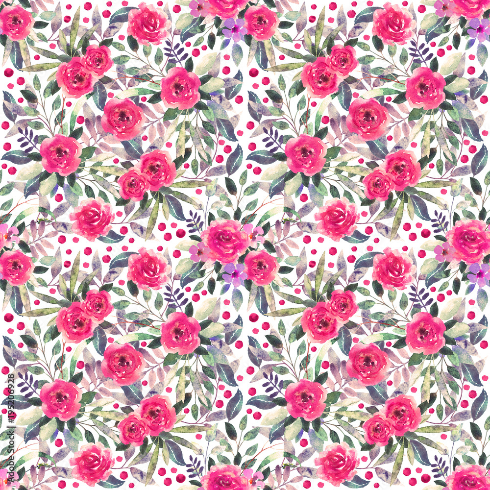 Seamless pattern with watercolor flowers, leaves