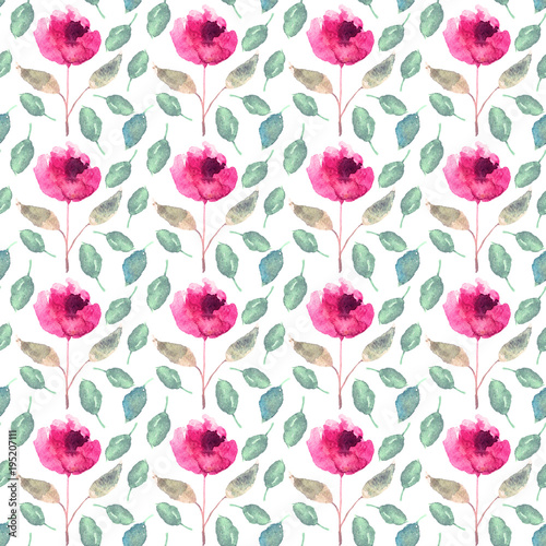 Seamless pattern with watercolor flowers, leaves