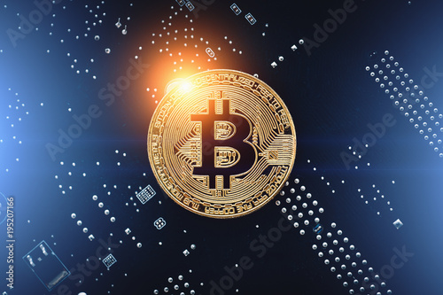 Bitcoin crypto currency. Golden Bitcoin Coin on electronic computer printed board. Abstract virtual money blockchain background