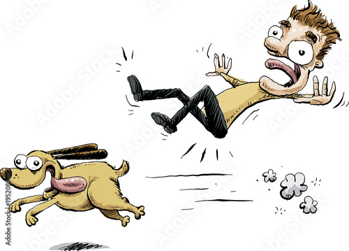 A happy, cartoon dog dashes forward, knocking over a standing man.