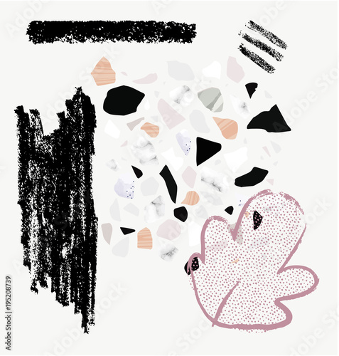 Abstract poster or card. Textured terrazzo shapes, hand drawn brushstrokes and hand drawn leave.