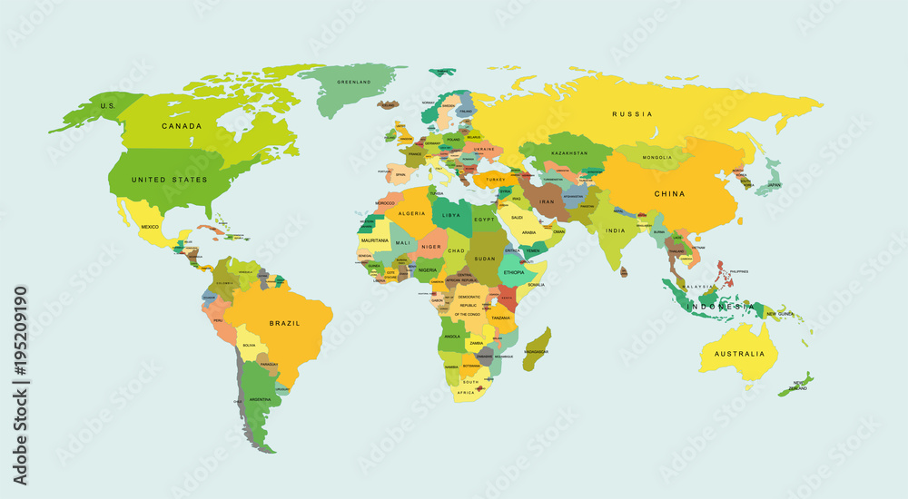 Fototapeta Szczegółowa mapa świata z krajami. Ilustracji wektorowych