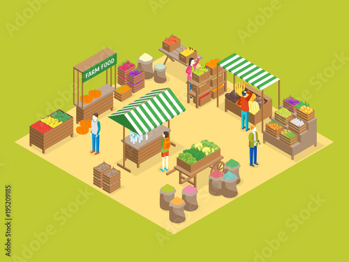 Farm Local Market Concept 3d Isometric View. Vector