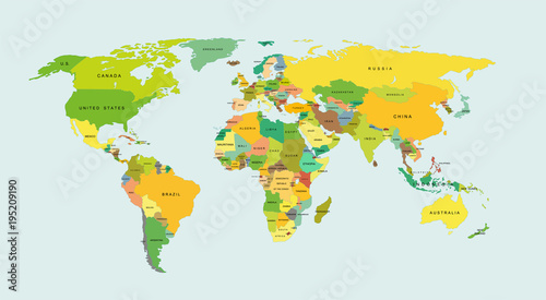 Detailed world map with countries. Vector illustration