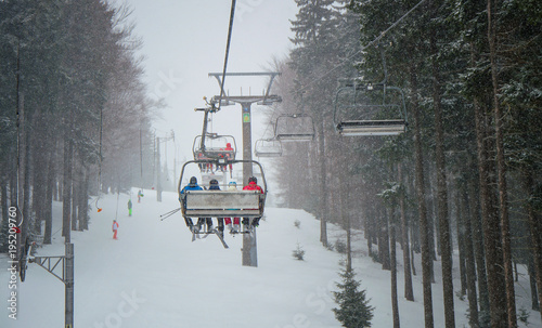Snow storm of the hill in the ski resort.