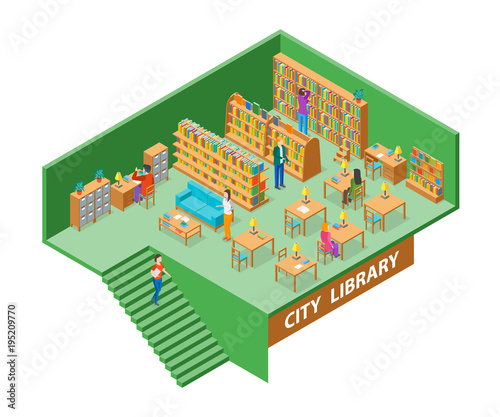 City Library Interior with Furniture Isometric View. Vector