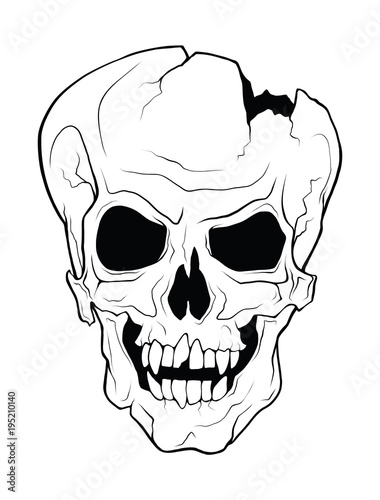 The skull of a grinning vampire. Vector monochrome illustration of a tattoo style isolated on a white background.