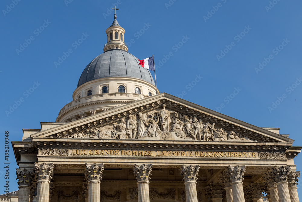 Top of the facade of the pantheon in Paris
