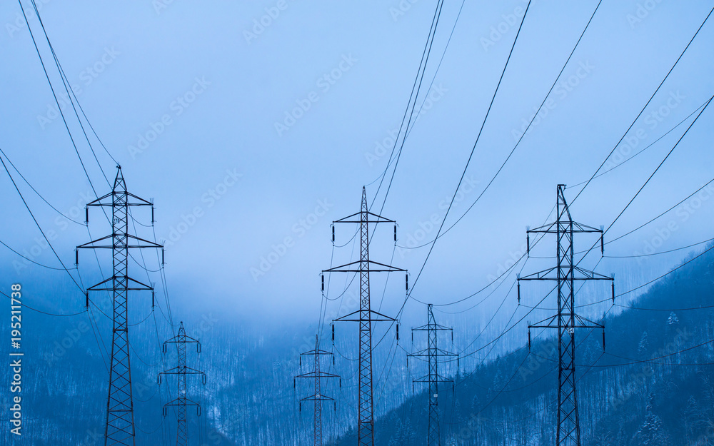electrical network in blue mood in mountain