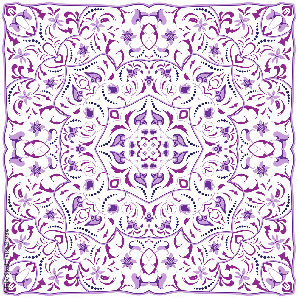Square arabic pattern for the silk scarf, scarf, printing factory, carpet. Abstract ornament purple color. Vector illustration.