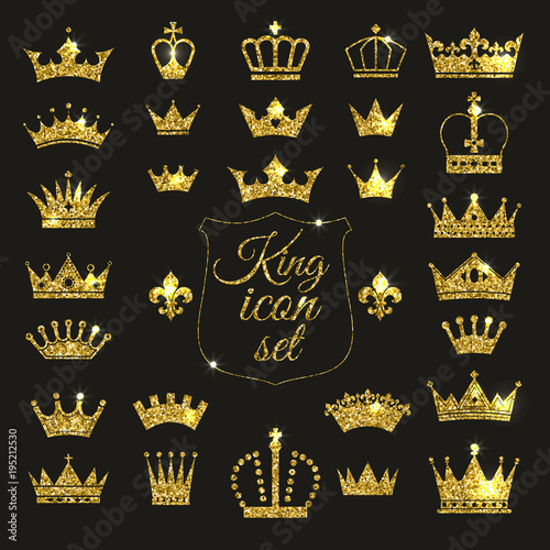Gold crown set. Glitters set of king crowns.