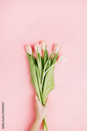 Fototapeta Naklejka Na Ścianę i Meble -  Woman hand hold pastel pink tulip flowers bouquet on pink background. Flat lay, top view festive spring floral concept.
