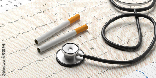 Smoking and health. Stethoscope and cigarettes on a cardiogram background. 3d illustration