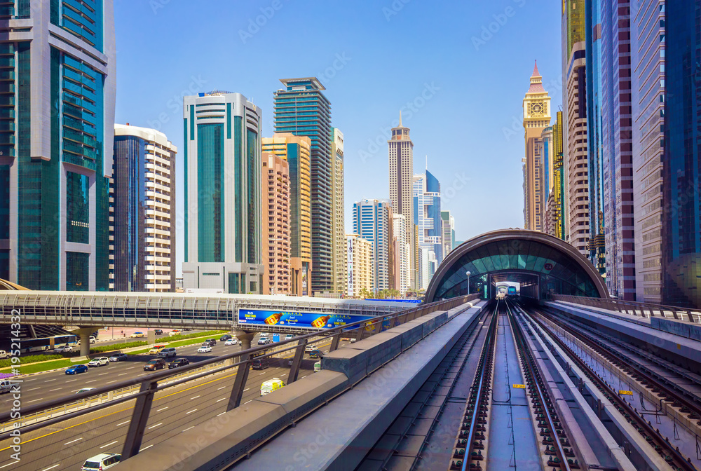 Financial Center and metro railway in luxury Dubai,United Arab Emirates