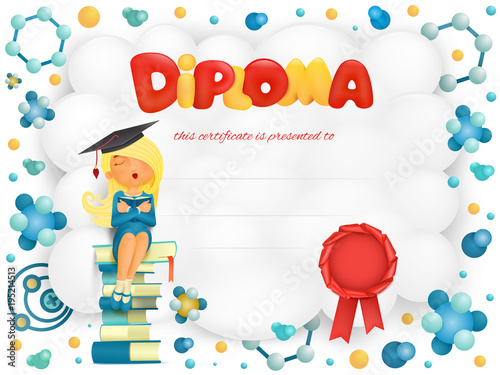 Diploma template certificate with student girl sitting on books