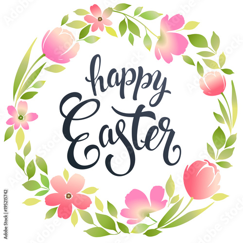 Happy Easter Typography Background with wreath and calligraphy greeting card. Vector illustration.