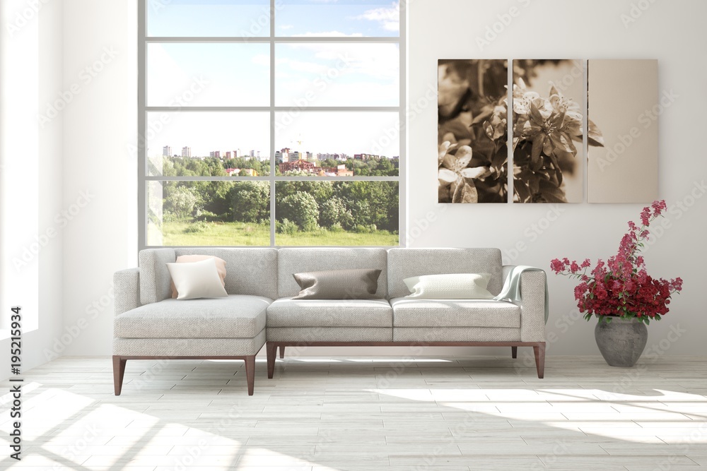 Obraz premium Idea of white room with sofa and summer landscape in window. Scandinavian interior design. 3D illustration
