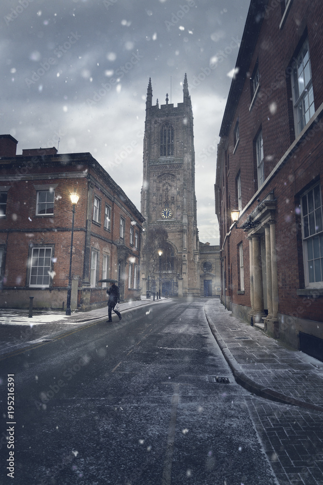 Derby Cathedral Quarter in the snow