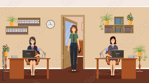 Women business staff on working places in office. Working situation with female employee.