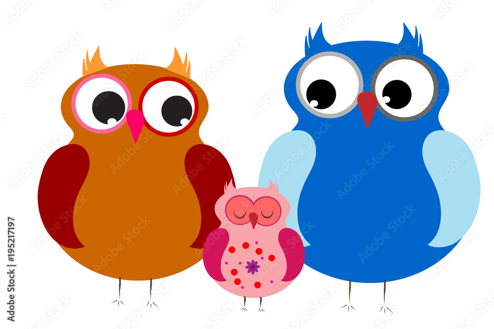 Vector illustration a family of owls on white background.