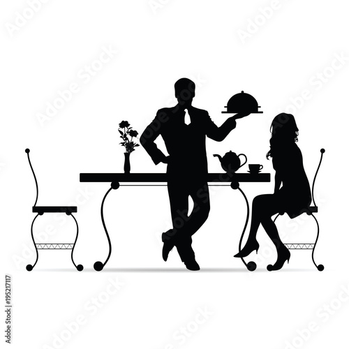 girl and waiter silhouette in restourant
