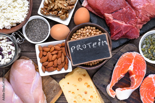 Plakat wybór źródeł białka żywności. zdrowa dieta jedzenie concep