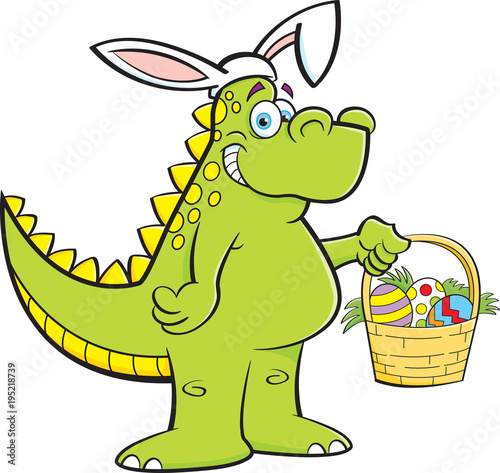 Fototapeta Naklejka Na Ścianę i Meble -  Cartoon illustration of a dinosaur wearing rabbit ears and holding an Easter basket.