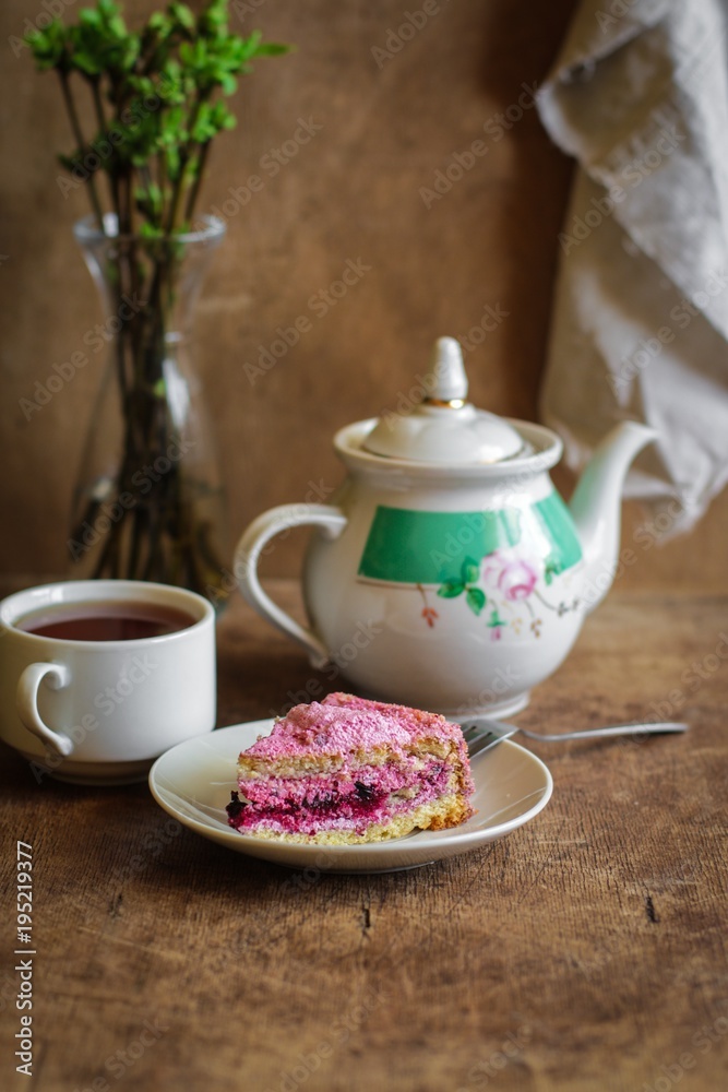 biscuit cake with pink berries cream - festive serving